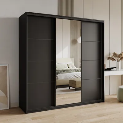Produktbild von Masseno Schiebetürenschrank VARO 200/205/60 cm Kleiderschrank mit Schubladen Schlafzimmer Schrank 3-türig mit Spiegel Schwarz + Schwarz
