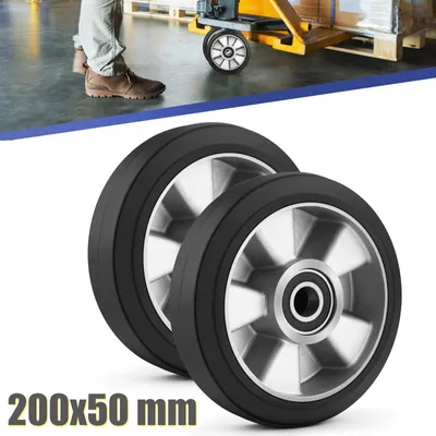 Produktbild von 2 tlg. Set Hubwagenrollen Gummirollen 200 x 50 mm, Tragkraft 1500 KG, Achse 20 mm inkl. Kugellager Rollen für Hubwagen Ersatzrollen, Schwarz