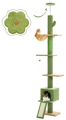 Produktbild von Katzen Kletterbaum deckenhoch - Verstellbarer Kratzbaum 210–274 cm - 5 Ebenen - Leiter, Hängematte, Höhle, Spielzeug - Holz - Größe L - Grün