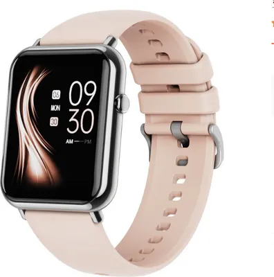 A close-up of a pink smartwatch with its screen displaying the time and date.