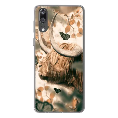 Produktbild von MuchoWow® Handyhülle Schutzhülle Hülle für Huawei P20 Schottische Highlander - Schmetterlinge - Blätter Silikon Softcase Handy Hülle - Hardcover