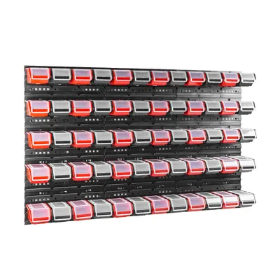 Productafbeelding van Stapelboxen met wandplaten en sorteerrek, 60 stuks. Boxen met deksel, wandplank 120 x 80 cm, werkplaatswandplank, schuifladeplank, doorzichtige deksels, doorzichtige opbergboxen, kunststof, opslagsysteem