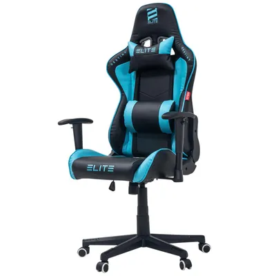 A black and blue gaming chair is shown against a white background.