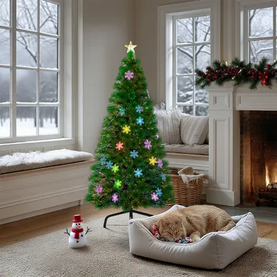 Productafbeelding van YARDIN Kunstkerstboom met verlichting, 120 cm - LED kerstboom, decoratieve boom met sneeuwvlokken, vezeloptiek met kleurverandering (120 cm, kleurrijke vezeloptiek met sneeuwvlokken)