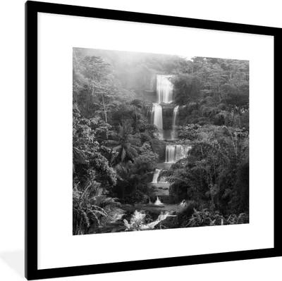 Produktbild von MuchoWow® MuchoWow® Gerahmtes Poster Indonesien - Wasserfall - Schwarz - Weiß 40x40 cm - Poster mit zchwarzem Bilderrahmen - Poster - Plakat im Rahmen