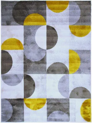 Produktbild von Teppich mit Kreisbogen- und Quadratmotiven, Grau-Gelb-Creme 133x170