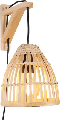 Produktbild von Nordische Vintage-Wandleuchte mit Holzsockel, E27-Lampenfassung, mit Kabel, Stecker und Schalter, Bambus-Korbschirm