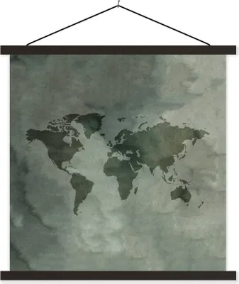 Produktbild von MuchoWow® Textilposter Weltkarte - Grau - Einfach 60x60 cm mit schwarzem Rahmen - Posteraufhänger