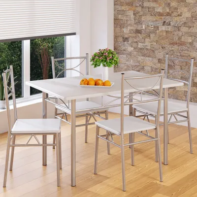 Produktbild von CASARIA Essgruppe Paul, 5-teilig mit 4 Stühlen, 110x70cm, Weiß, Industrial, Holz & pulverbeschichtetem Metall, wasserabweisende Oberflächen, abgerundete Kanten, Bodenschoner, einfache Montage