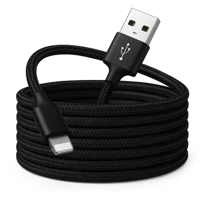 A black USB-A to Lightning charging cable coiled up.