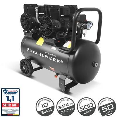 Produktbild von STAHLWERK Kompressor mit 50 L Tank (ST-510 Pro) – ölfrei, 10 bar, Druckluftkompressor, Brushless-Motoren, 3,94 PS, 2,9 kW, 500 l/min Silent-Kompressor