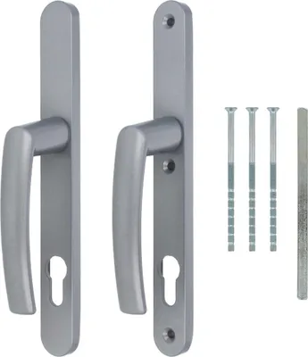Two silver door handles with screws and a metal bar on a white background.