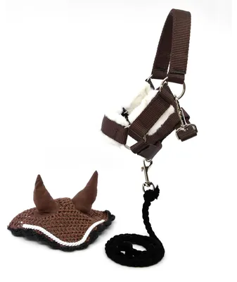 Productafbeelding van Set bestaande uit hoofdstel met muts, longeerlijn en bruine cap voor een hobbypaard