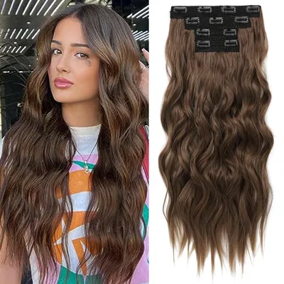 Obrázek produktu pro Clip-in prodlužovací vlasy, 4 kusy, středně hnědá barva, 60 cm, vlnité