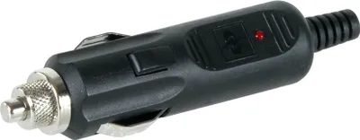 A black car cigarette lighter adapter with a silver threaded end and a small red indicator light.