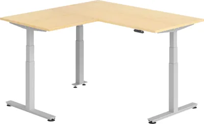 Produktbild von bümö Eckschreibtisch elektrisch höhenverstellbar L-Form - Nachbildung Ahorn, Gestell: Silber, Größe: Eckschreibtisch 160 x 160 cm