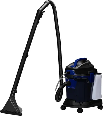 A wet/dry vacuum cleaner with a hose and cleaning attachment is shown against a white background.