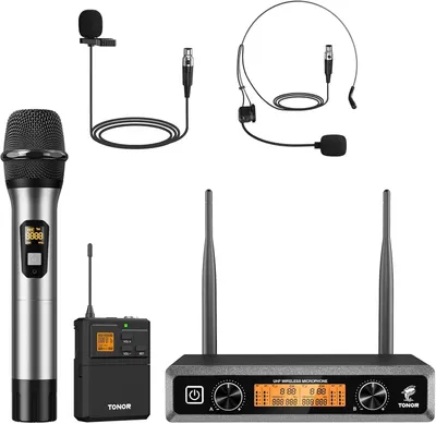 Zdjęcie produktu dla Bezprzewodowy system mikrofonowy UHF z metalowymi mikrofonami bezprzewodowymi (ręcznymi, słuchawkami, krawatowymi), nadajnikiem typu "bodypack", odbiornikiem, 2 * 5 kanałów i zasięgiem do 60 metrów