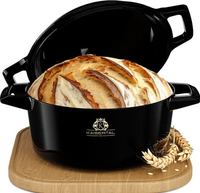 Produktbild von KAISERTAL 26cm Gusseisen Topf Brot Backen - Emaillierte Brotbackform mit Deckel - Brotbacktopf, Brotform - Brottopf zum Backen, Gusseisentopf
