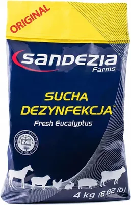 A bag of Sandezia Farms dry disinfectant for stables with eucalyptus scent.