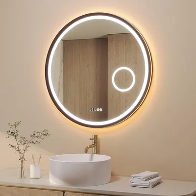Produktbild von AQUABATOS 80 cm Runder LED Badspiegel mit 3-facher Vergrößerung Badezimmerspiegel mit Beleuchtung Dimmbar Antibeschlag Mattschwarzer Aluminiumrahmen