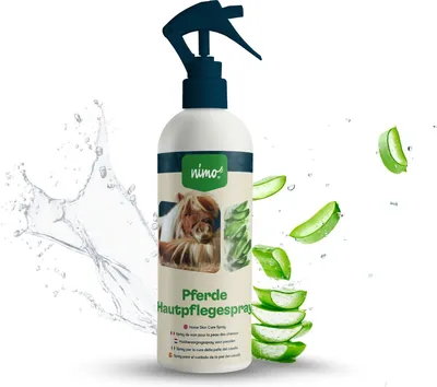 Zdjęcie produktu dla nimo® spray do pielęgnacji skóry koni | pielęgnacja skóry dla koni z aloesem i pantenolem | regeneracja skóry w przypadku suchości i stanów zapalnych | przeciw swędzeniu i podrażnieniom | w przypadku inwazji robactwa, roztoczy trawy