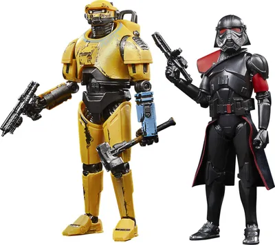 Two Star Wars action figures, a yellow robot and a black stormtrooper-like figure, are displayed against a white background.