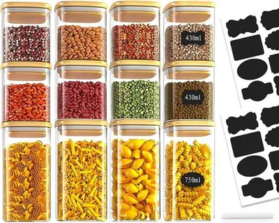 Zdjęcie produktu dla Szklane pojemniki do przechowywania, zestaw 12 sztuk, pojemniki do przechowywania 750 ml/430 ml z kwadratowymi pokrywkami, szklane pojemniki, drewniane pokrywki, kuchenne, hermetyczne do przechowywania płatków kukurydzianych
