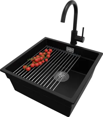 Produktbild von PRIMAGRAN Granitspüle Schwarz 46x47cm, Spülbecken 1 Becken + Ablauf-Set + Küchenzubehörset, Küchenspüle ab 50er Unterschrank - Praga Slim