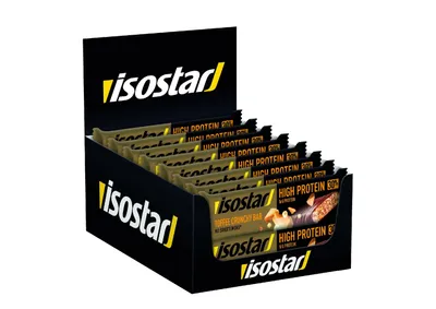 Productafbeelding van Isostar High Protein Toffee Crunchy, karamel, 55 g. Bevat melkproteïne, sojaproteïne en tarweproteïne. 230 kcal, 966 kJ, 7,2 g