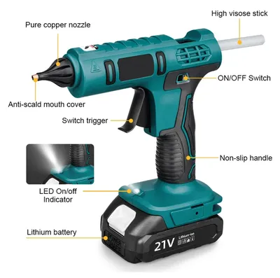 Produktbild von Heißklebepistole - Elektrische Mini-Klebepistole - 100 W - Hochtemperatur - Akkubetrieb 18–21 V - 2 Akkus