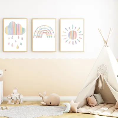 Produktbild von Boho Regenbogen Sonne Wolke 3er Set Bilder Kinderzimmer Deko DIN A4 Poster Babyzimmer Wandbilder