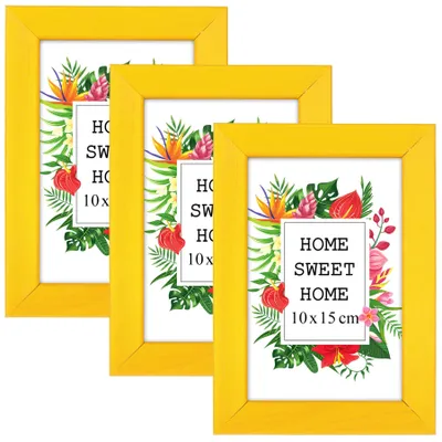 Produktbild von MG Design Set aus 3 Gelb Bilderrahmen A6 10 x 15 cm - Aus echtem Holz mit Acrylglas, zum Aufhängen & Aufstellen, für Fotos, Poster & Puzzle