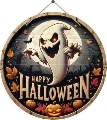 Image de Halloween fantôme plaque de porte décoration en bois, Happy Halloween, panneau de bienvenue Joyeux Halloween porte d'entrée