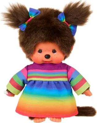 Immagine prodotto di Bambina con vestito arcobaleno | Bambola Monchhichi da 20 cm | Due treccine