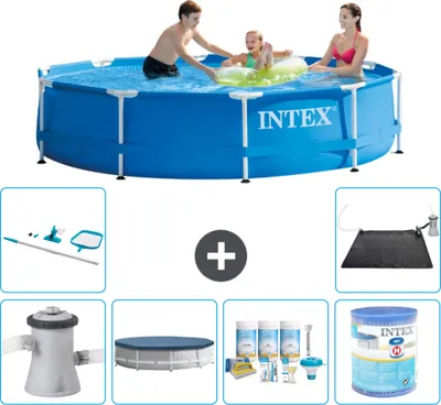 Produktbild von Intex Rundrahmen-Schwimmbecken – 305 x 76 cm – Blau – inklusive Pumpe Abdeckung - Wartungspaket - Filter - Reinigungskit - Solarmatte