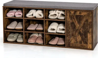 Image de COSTWAY Banc à chaussures avec étagères réglables, coussin rembourré & 9 compartiments, meuble à chaussures à 3 étages, banc de rangement, café