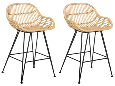 Produktbild von BELIANI Barstuhl 2er Set Naturfarben Rattan Geflochten mit Rückenlehne Fußstütze Metallgestell ohne Armlehnen Boho Design Tresenstuhl Thekenstuhl