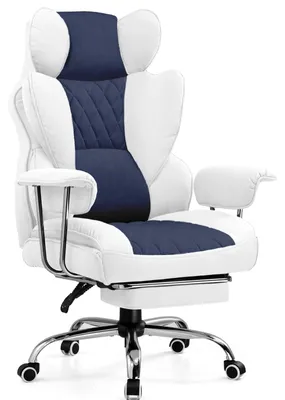 Imagen del producto de Silla de escritorio ergonómica, azul y blanca, tapizada en tela, con muelles ensacados y reposapiés