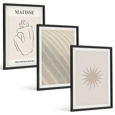 Produktbild von Bilder Set 3-teilig im schwarzen Rahmen – Wandbilder 3 Stück – gerahmte Poster für Wohnzimmer, Schlafzimmer und Flur – 40x60 cm – Minimalistische Sandlinien Sonne