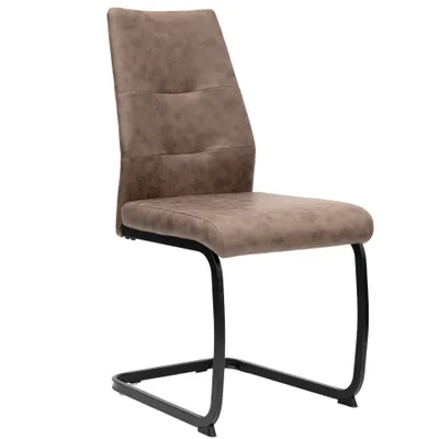 A single brown leather-look dining chair with a black metal frame, shown from a side-front angle against a white background.