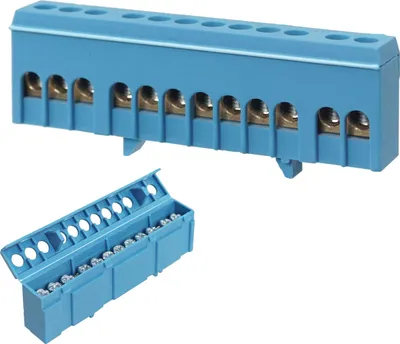 Two blue terminal blocks are shown against a white background. One is a full block with multiple connection points, and the other is a smaller, open block showing the internal metal connectors.