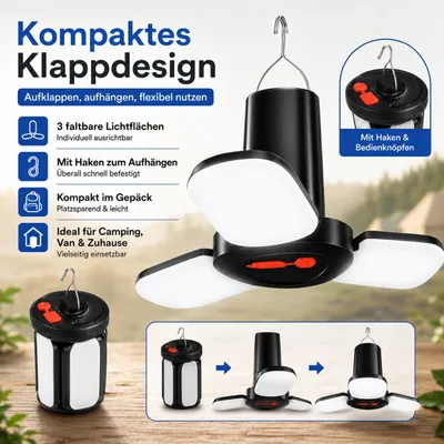 Produktbild von LED Campinglampe wiederaufladbar, tragbare Zeltlampe mit 3 Lichtmodi, USB Campinglaterne mit Haken für Outdoor, Camping und Notbeleuchtung