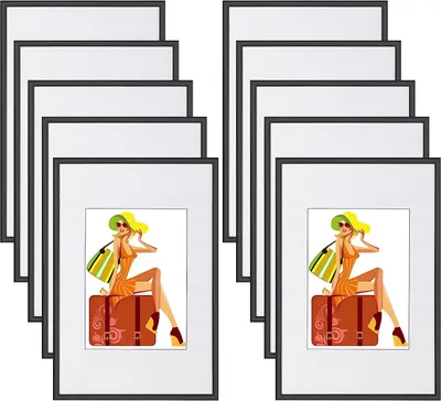 Produktbild von WOLTU 10er Set Bilderrahmen Bildergalerie Fotogalerie mit Passepartout, Foto Collage Galerie, Kunststoff und Echtglas, New Life Style, Schwarz, 10x15cm