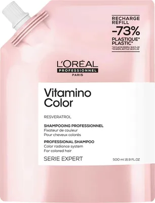 A pink refill pouch of L'Oréal Professionnel Vitamino Color shampoo.