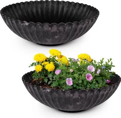 Produktbild von Runde Pflanz-Schalen gewellt für draussen schwarz marmoriert 22 cm