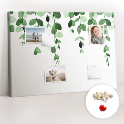 Obrázek produktu pro Korková nástěnka s kolíčky - Tabule s kolíky pro fotografie a poznámky - 100x70 cm - Připínáčky dřevěné 100 kusů - Listy rostlin
