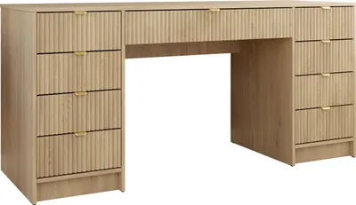 Produktbild von MIRJAN24 Schreibtisch / Schminktisch Tireno Bis, Schlafzimmer Kosmetiktisch mit neun Schubladen, Goldfarben Aluminiumgriffe (Farbe: Eiche Cremona)