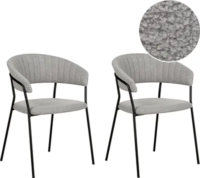Produktbild von BELIANI Set aus 2 Esszimmerstühlen Bouclé Stoff Grau Schwarze Metallbeine mit Armlehnen Gebogene Rückenlehne Modernes Design