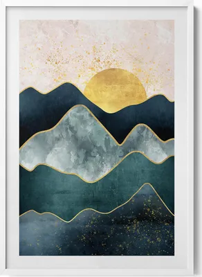 Produktbild von Abstrakte Landschaft mit Bergen und goldenem Sonnenschein– Wandbild mit Rahmen – Gerahmtes Bild  – Wanddekoration – 70x100 cm –  Weiß Rahmen